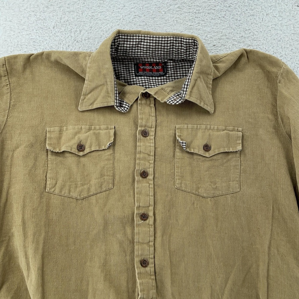 Vtg Woodland Corduroy Shirt L/XL Tan Khaki Button Down Long Sleeve Gingham‎ Trim